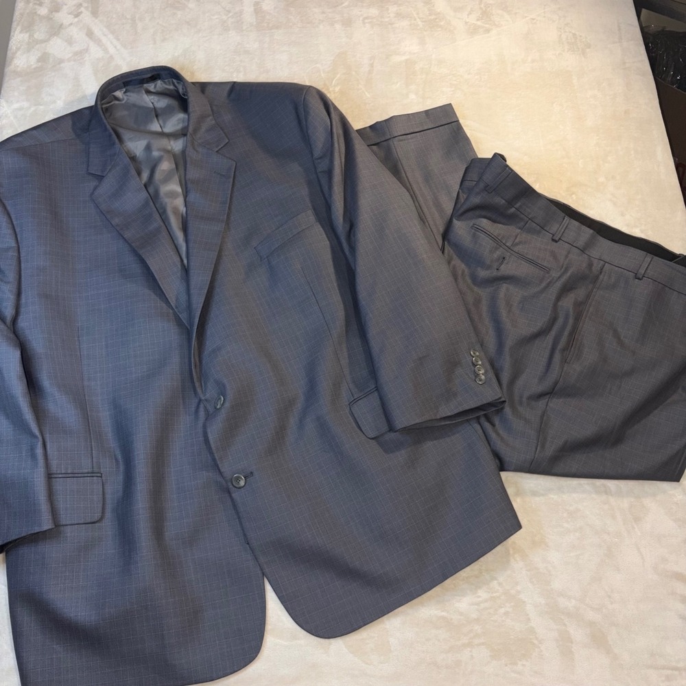 Geoffrey Beene Mens Grey Glen Plaid 2 Piece Suit Jacket 64R Pants 52W 30L DX27